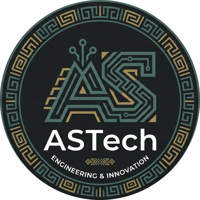 ASTech Engineering & Innovation logo: circuit-trace AS monogram inside a meander-pattern ring