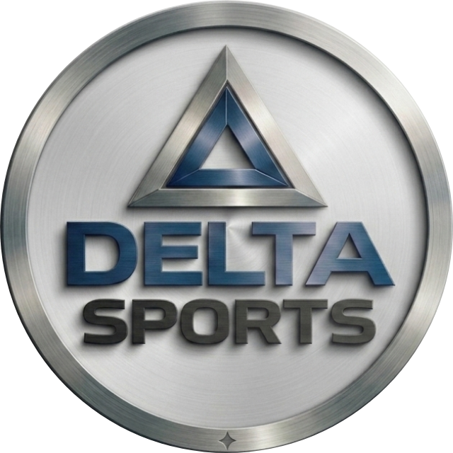 Delta Sports logo: a blue triangle above the words Delta Sports inside a brushed steel ring