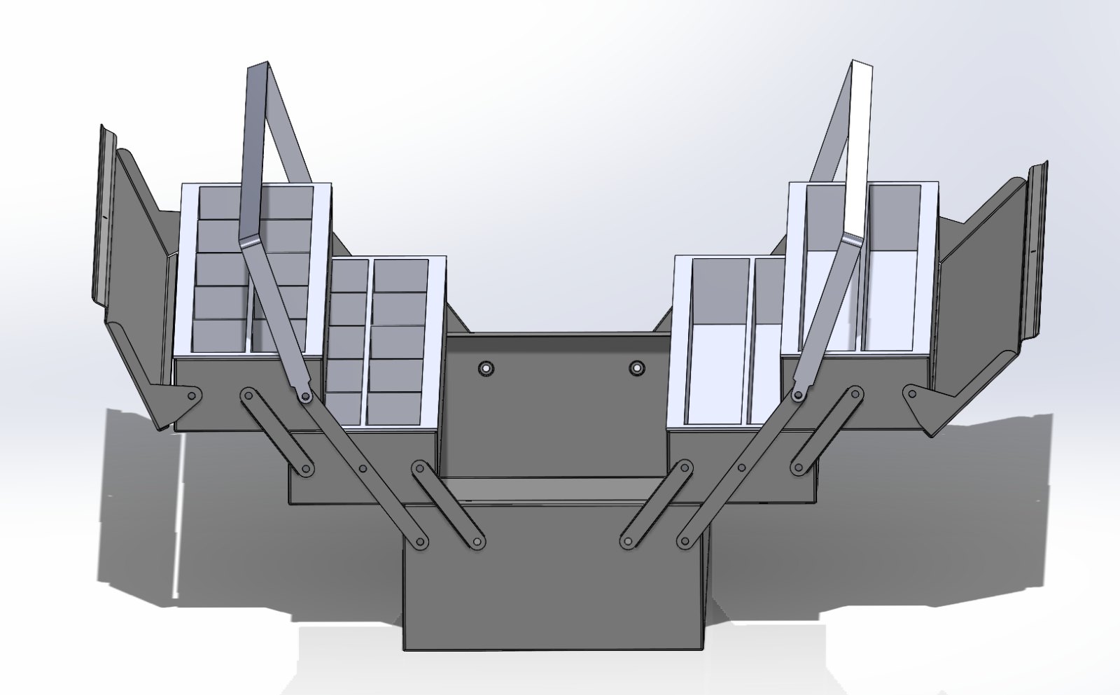 Exploded CAD view of the multi-tier toolbox, trays fanned open