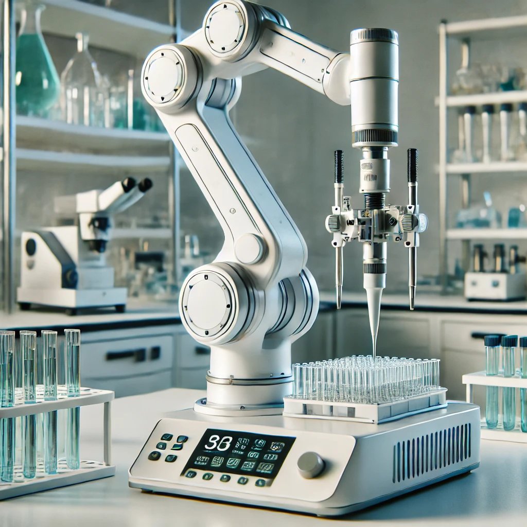 AI-generated concept illustration of a benchtop robotic arm with a pipetting end effector over a sample plate