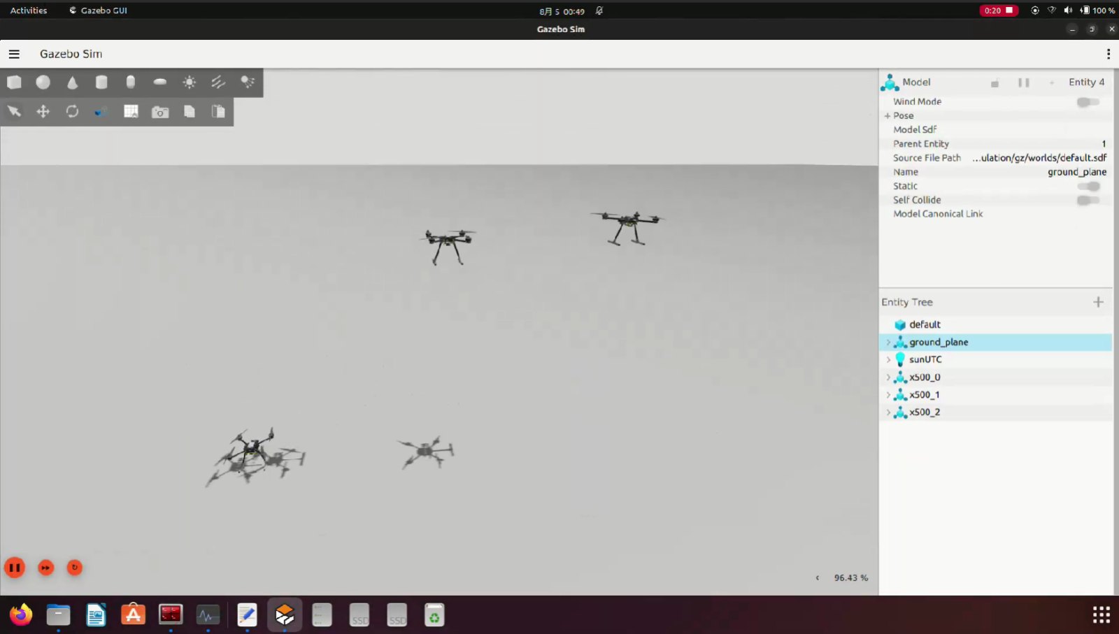 Three simulated drones flying together in Gazebo