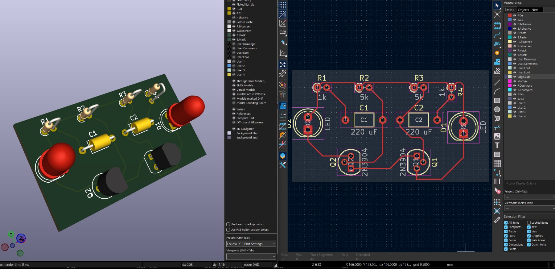 KiCad 3D board view and routed PCB layout of the LED flasher