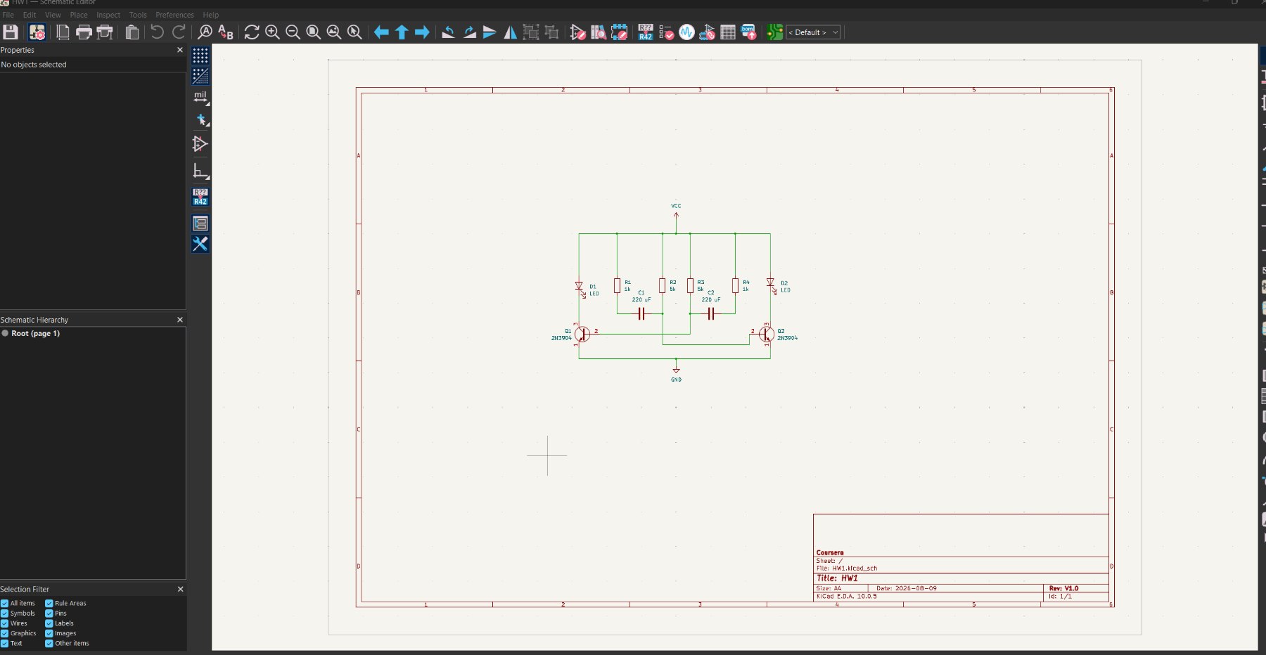 KiCad schematic of the two-transistor astable multivibrator