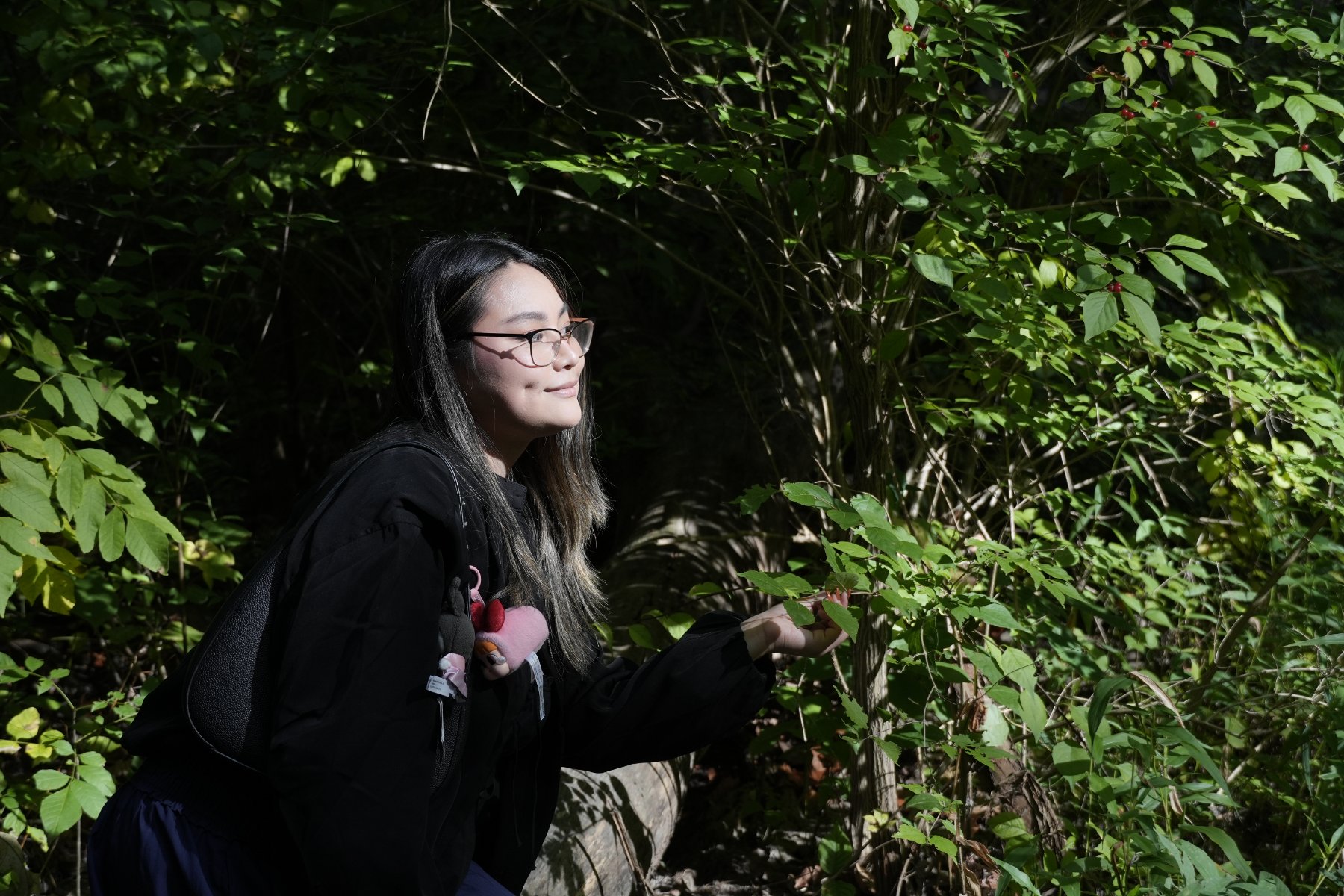 A woman in glasses reaching toward sunlit leaves and red berries in dark woodland